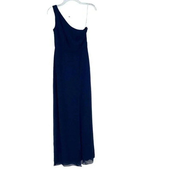 Dessy Thread One-Shoulder Chiffon Trumpet Bridesmaid Gown Navy size 12 NWT - Picture 2 of 10